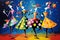 Vibrant Trio: Playful Dance of Colorful Characters