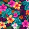 Vibrant tropical flower pattern with hibiscus, orchids, and frangipani in bold contrasting colors