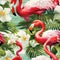 Vibrant Tropical Flowers, Lush Plants, Leafy Greens, and Graceful Flamingos. Seamless Pattern