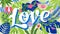 Vibrant Tropical Love Text with Lush Foliage Illustration