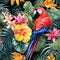 Vibrant tropical patterns with palm leaves, wildflowers and exotic birds, generate by AI