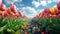 Vibrant tulip field from low angle