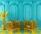 vibrant turquoise blue interior design background with yellow modern transparent armchairs