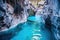 vibrant turquoise hot spring in a rock hollow