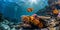 Vibrant underwater seascape with clownfish, coral reefs, and sunbeams. serene marine life scenery for posters and