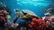 Vibrant Underwater Turtle Swimming Among Colorful Corals And Shells