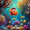 Vibrant underwater world with whimsical fish and coral reef Playful and colorful cartoon illustration for childrens book or nurs