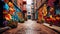 Vibrant Urban Canvas: Colorful Graffiti Artwork on Textured Brick Walls