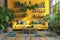 Vibrant urban jungle living room with a sunny yellow sofa and lush houseplants