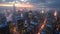 Vibrant urban nightscape city lights at dusk with hyperrealistic detail, dynamic range