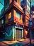 Vibrant Urban Sunset: Colorful Street Corner with Graffiti Art