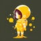 Vibrant vector art of a little astronaut girl in yellow, filled with curiosity, against a cosmic backdrop of stars and galaxies