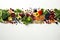 Vibrant vegan feast spread across a white background, featuring broccoli, bell peppers, and legumes.