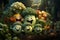 Vibrant vegetable faces in blurred realistic magical fertile forest. AI generated.