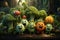 Vibrant vegetable faces in blurred realistic magical fertile forest. AI generated.