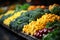 vibrant veggie and green array on table, focal point on right