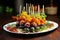 vibrant veggie skewers on a white plate, toothpicks by the side