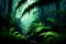 The Vibrant Verdant Fern Forest: A Closeup of the Ground, Stream, Vines, Fireflies, and Lost World in the Deep