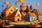 Vibrant Village Life: Colorful Painting of a Quaint Countryside Town, generative ai