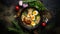Vibrant Villagecore: Colorful Noodles And Boiled Eggs On Dark Background