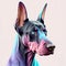 Vibrant Violet and Blue Doberman Dog Portrait: Realistic Canine Art.