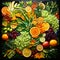 Vibrant and Visually Striking Mosaic Artwork Composed of Fruits and Vegetables