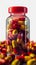 Vibrant vitamins fill clear bottle, red and yellow capsules inside