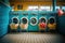 Vibrant washing machine lineup in laundromat. Industrial laundry services. Generative AI