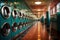 Vibrant washing machine lineup in laundromat. Industrial laundry services. Generative AI