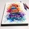 Vibrant Watercolor Art: Stack of Empty Journals Surrounded by Colorful Ink Pens