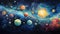 Vibrant watercolor cosmic scene with planets and nebulae. Wall art wallpaper