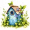 Vibrant Watercolor Depicting a Charming Blue Birdhouse, Blooming Flora, and a Joyful Bluebird in Nature\\\'s Renewal.