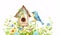 Vibrant Watercolor Depicting a Charming Blue Birdhouse, Blooming Flora, and a Joyful Bluebird in Nature\\\'s Renewal.