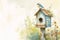 Vibrant Watercolor Depicting a Charming Blue Birdhouse, Blooming Flora, and a Joyful Bluebird in Nature\\\'s Renewal.