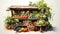 Vibrant watercolor farmers\\\' market stand with fresh, colorful produce in an eco-friendly, rustic setting