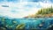 Vibrant Watercolor Illustration: Underwater Seascape With Fish, Ocean, And Trees