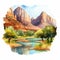 Vibrant Watercolor Illustration Of Zion Canyon River - 2d Game Art Style