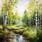 vibrant watercolor image of spring in the forest birch trees and a small freshwater stream,