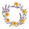 Vibrant Watercolor Marigold Wreath With Pressed Lavender Flowers