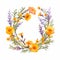 Vibrant Watercolor Marigold Wreath With Pressed Lavender Flowers