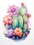 Vibrant Watercolor Moon Cactus Against White Background AI Generated