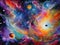 vibrant watercolor new age style abstract cosmos scene with stars galaxies and planets in swirling vibrant colors.