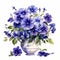 Vibrant Watercolor Painting Of Blue Flowers In A Porcelain Vase