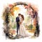 Vibrant Watercolor Painting of Couple Exchanging Vows in Garden Setting