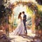 Vibrant Watercolor Painting of Couple Exchanging Vows in Garden Setting