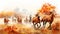Vibrant Watercolor Painting: Horses Running In Autumn Field