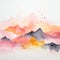 Vibrant watercolor painting showcasing a dynamic mountainous landscape with layers of pink, orange, and grey, accented