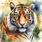 This is a vibrant watercolor painting of a tiger\\\'s face, showcasing intense and captivating details. AI generated