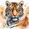 This is a vibrant watercolor painting of a tiger\\\'s face, showcasing intense and captivating details. AI generated