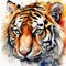 This is a vibrant watercolor painting of a tiger\\\'s face, showcasing intense and captivating details. AI generated